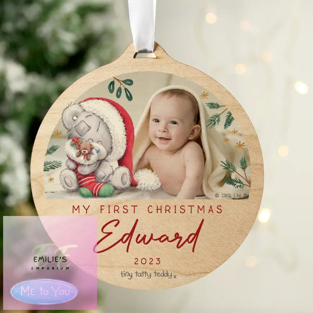 Personalised First Christmas Tiny Tatty Teddy Photo Upload Round Wooden Decoration