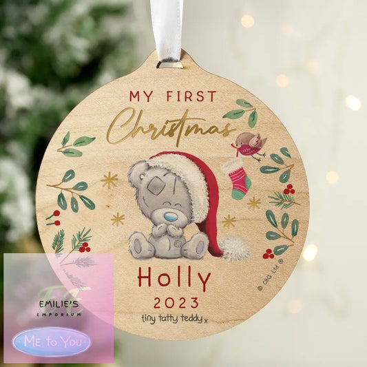 Personalised First Christmas Tiny Tatty Teddy Round Wooden Decoration