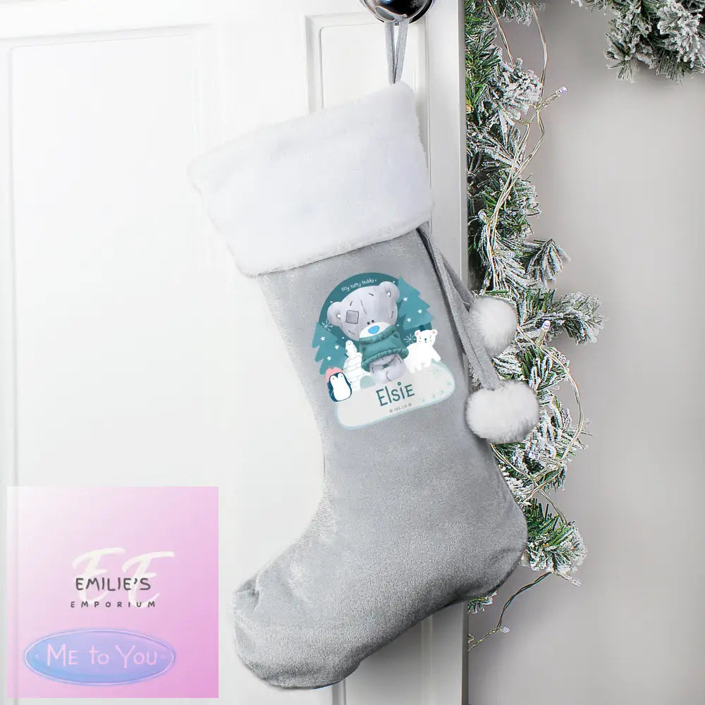 Personalised First Christmas Tiny Tatty Teddy Silver Grey Stocking