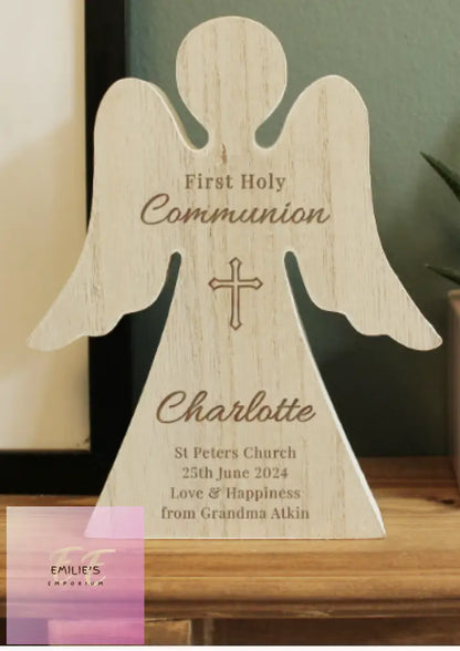 Personalised First Holy Communion Rustic Wooden Angel Decoration