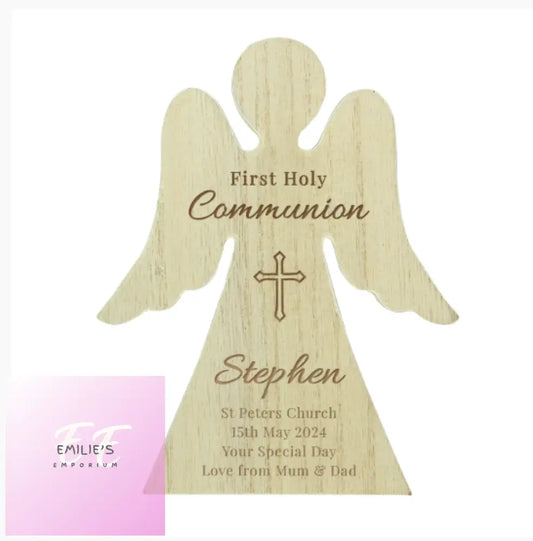 Personalised First Holy Communion Rustic Wooden Angel Decoration