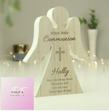 Personalised First Holy Communion Rustic Wooden Angel Decoration