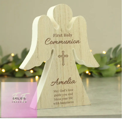 Personalised First Holy Communion Rustic Wooden Angel Decoration