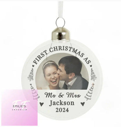 Personalised First Married Christmas Photo Upload Glass Bauble