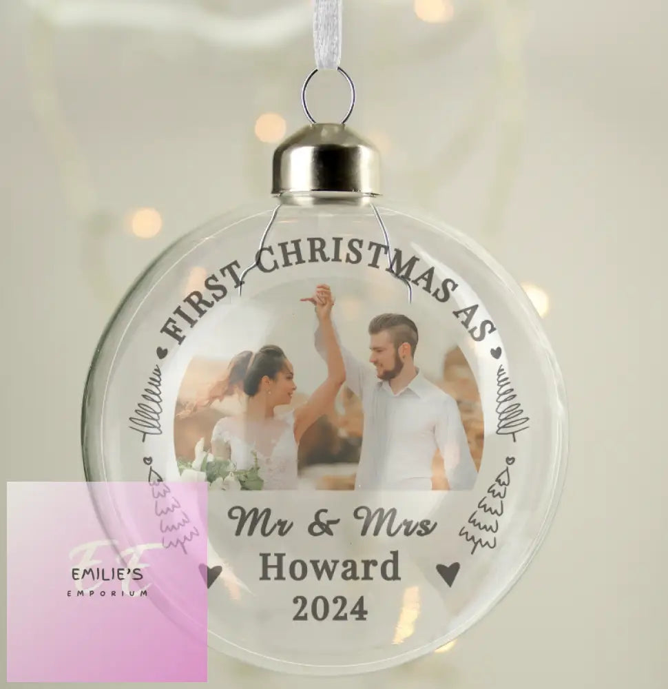 Personalised First Married Christmas Photo Upload Glass Bauble