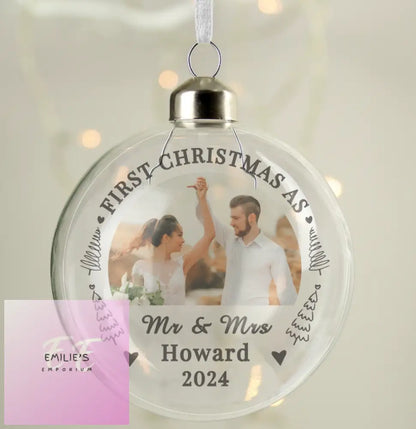 Personalised First Married Christmas Photo Upload Glass Bauble