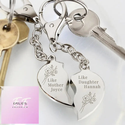 Personalised Floral Mother Daughter Two Heart Keyring