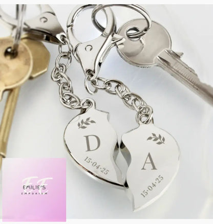 Personalised Foliage Two Hearts Keyring