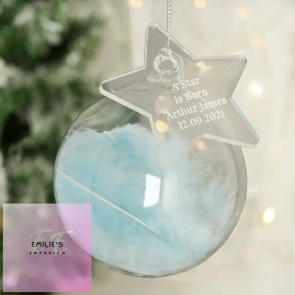 Personalised Free Text Blue Feather Glass Bauble With Star Tag