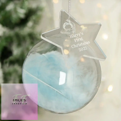 Personalised Free Text Blue Feather Glass Bauble With Star Tag