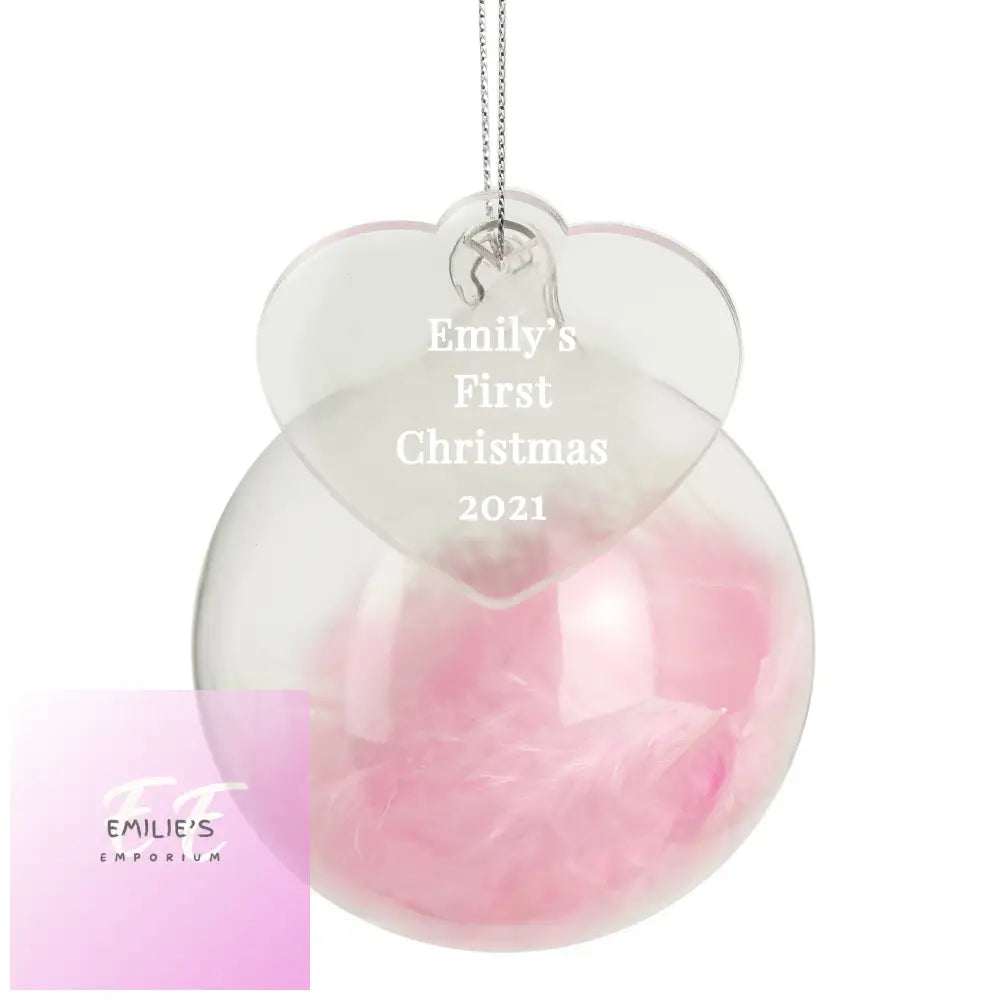 Personalised Free Text Pink Feather Glass Bauble With Heart Tag