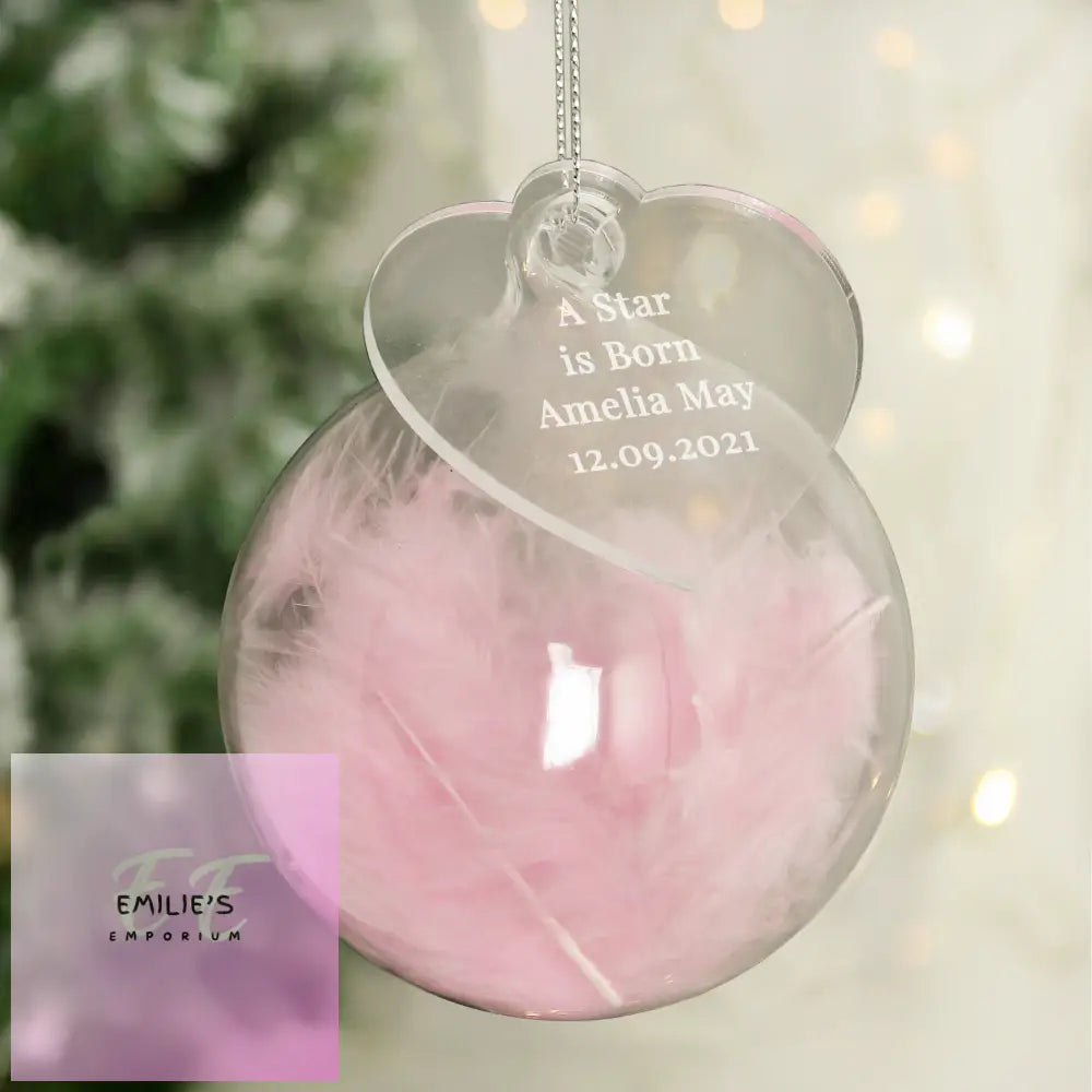 Personalised Free Text Pink Feather Glass Bauble With Heart Tag