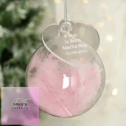 Personalised Free Text Pink Feather Glass Bauble With Heart Tag