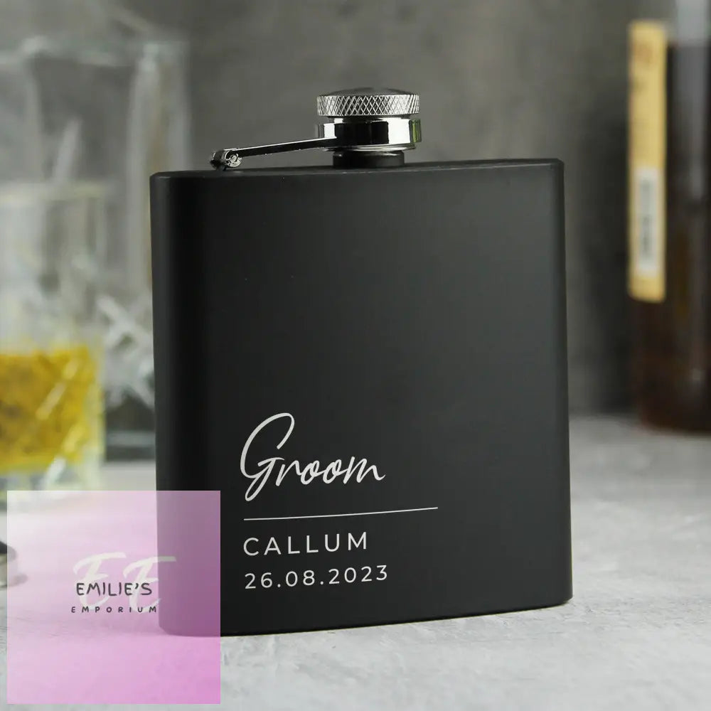 Personalised Free Text Wedding Party Black Hip Flask