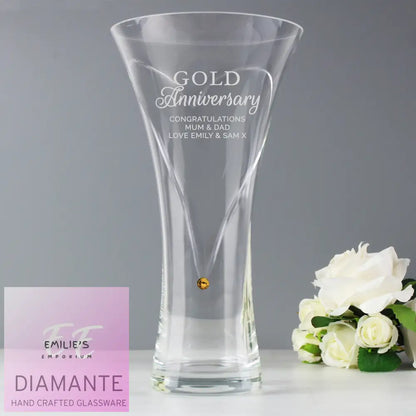 Personalised Gold Anniversary Large Hand Cut Diamante Heart Vase