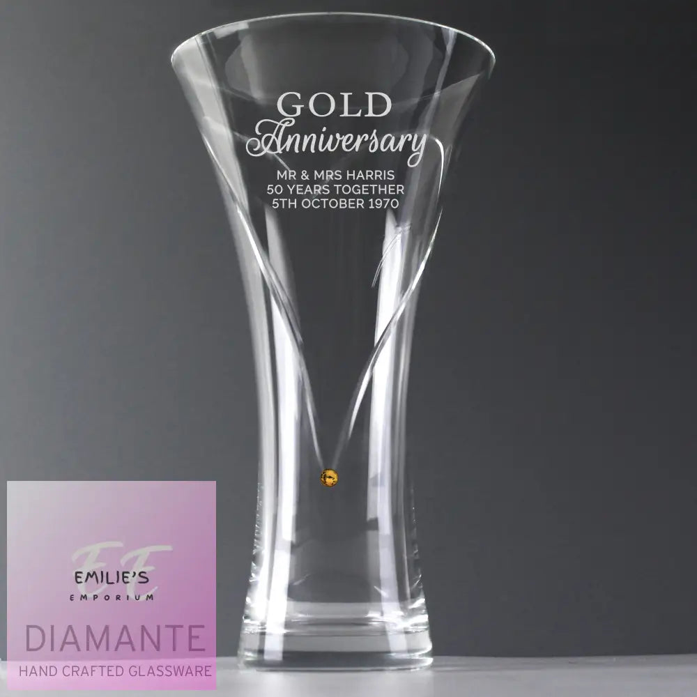 Personalised Gold Anniversary Large Hand Cut Diamante Heart Vase
