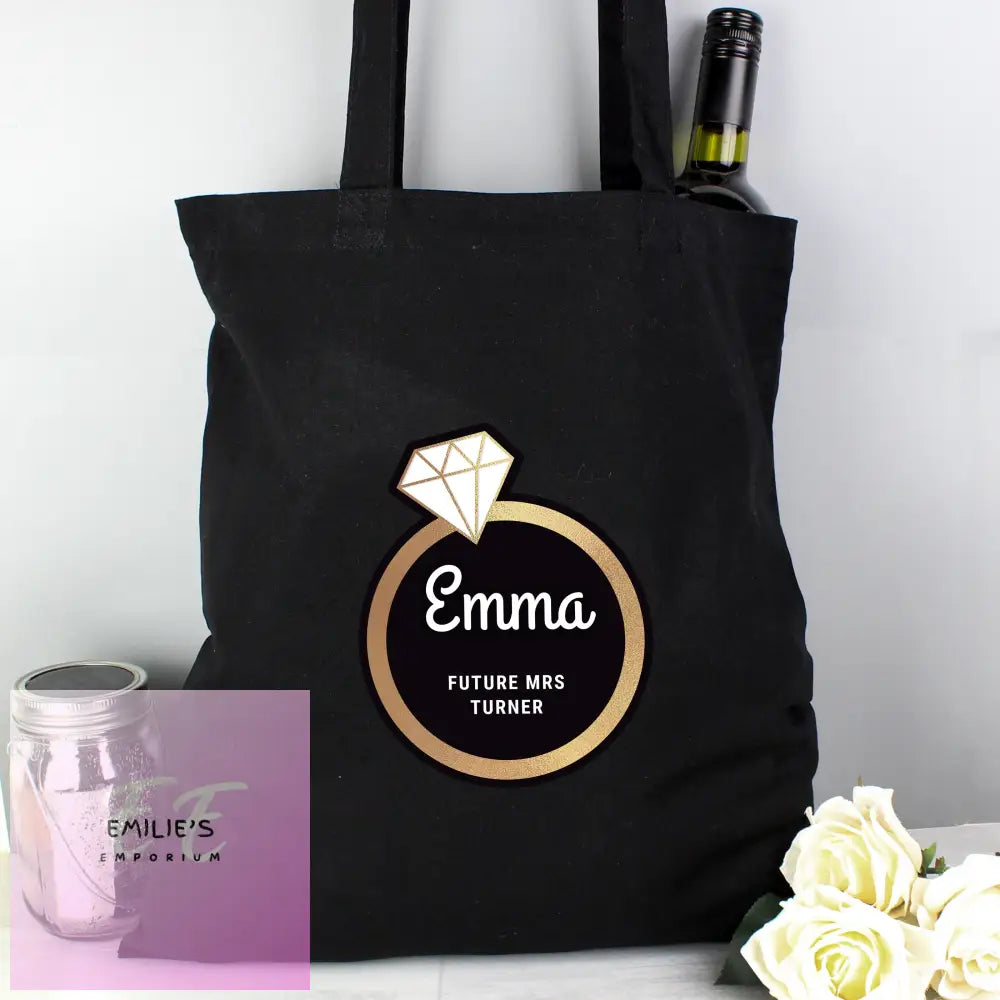 Personalised Gold Bling Ring Hen Party Black Cotton Bag