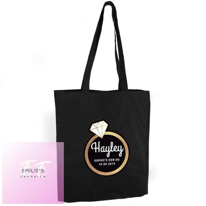 Personalised Gold Bling Ring Hen Party Black Cotton Bag