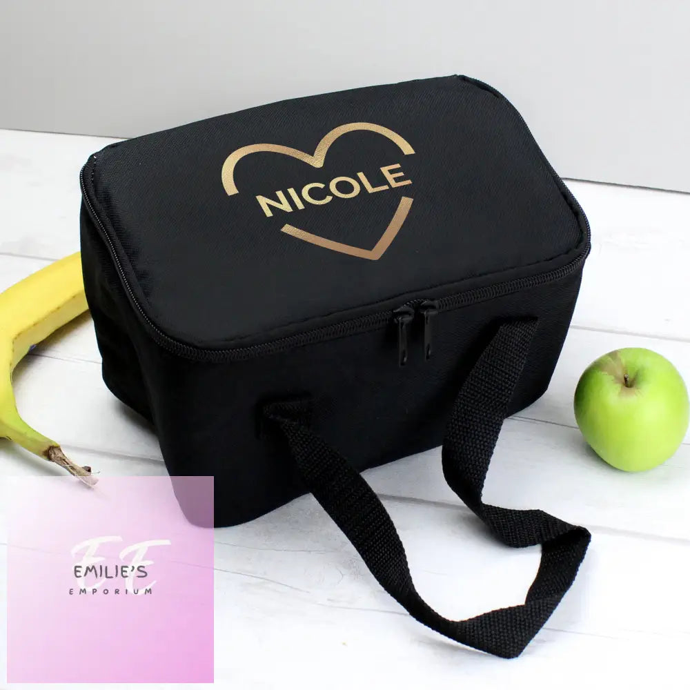 Personalised Gold Heart Black Lunch Bag