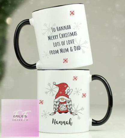 Personalised Gonk Family Black Handled Christmas Mug - Girl