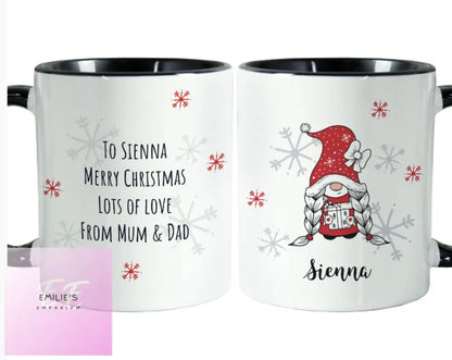 Personalised Gonk Family Black Handled Christmas Mug - Girl