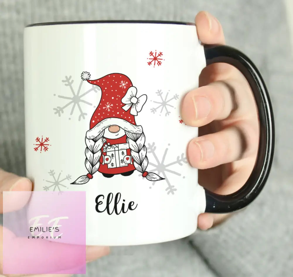 Personalised Gonk Family Black Handled Christmas Mug - Girl