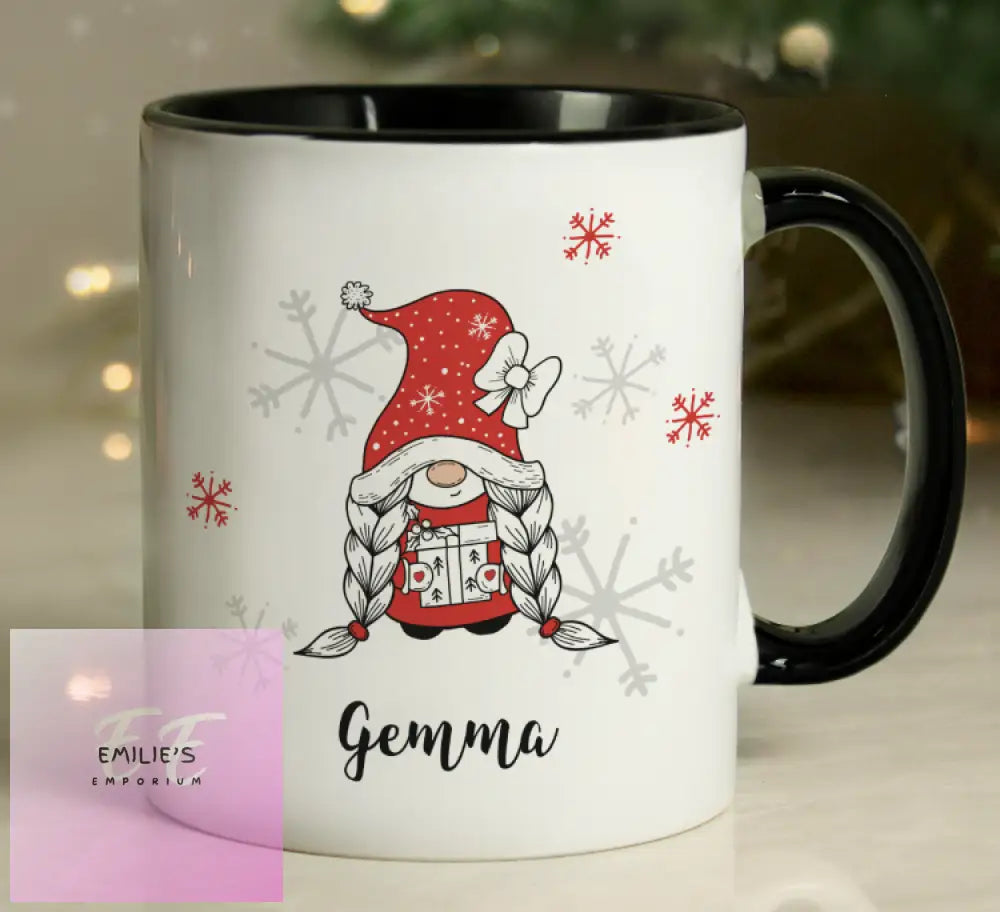 Personalised Gonk Family Black Handled Christmas Mug - Girl