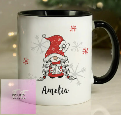 Personalised Gonk Family Black Handled Christmas Mug - Girl