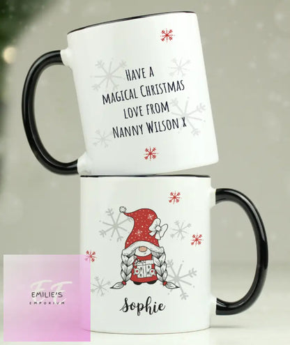 Personalised Gonk Family Black Handled Christmas Mug - Girl