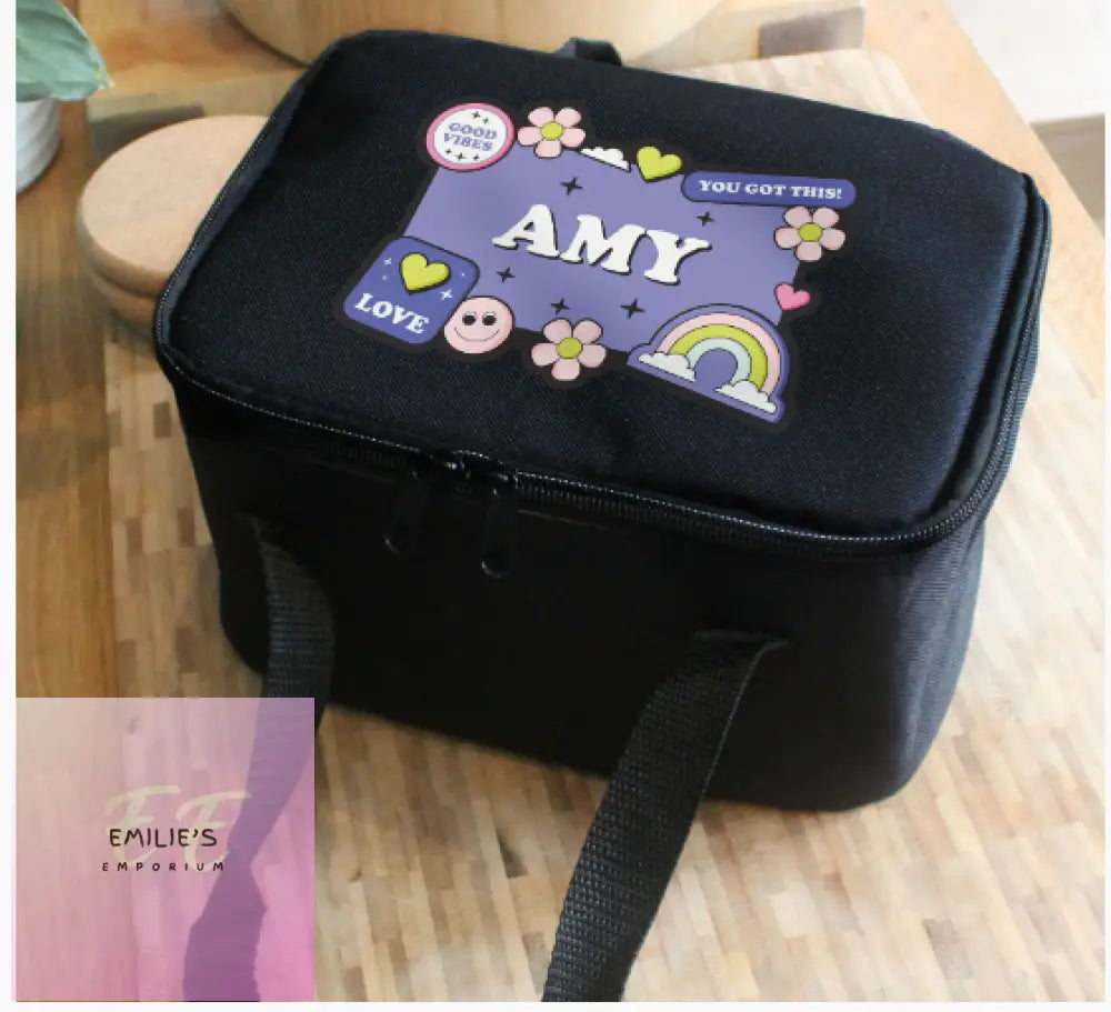 Personalised Good Vibes Black Lunch Bag