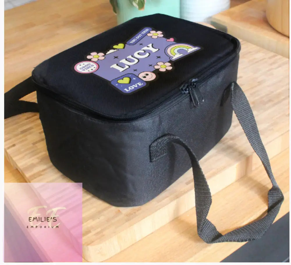 Personalised Good Vibes Black Lunch Bag