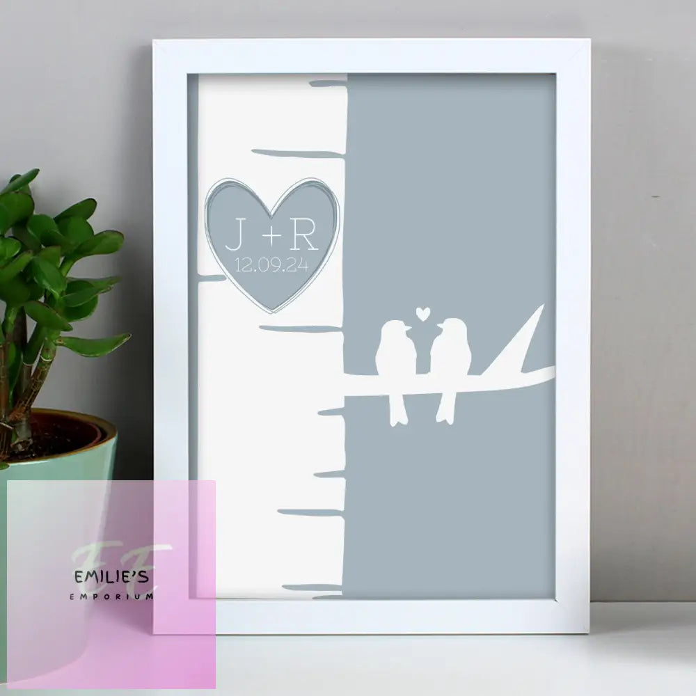 Personalised Grey Love Birds White A4 Framed Print