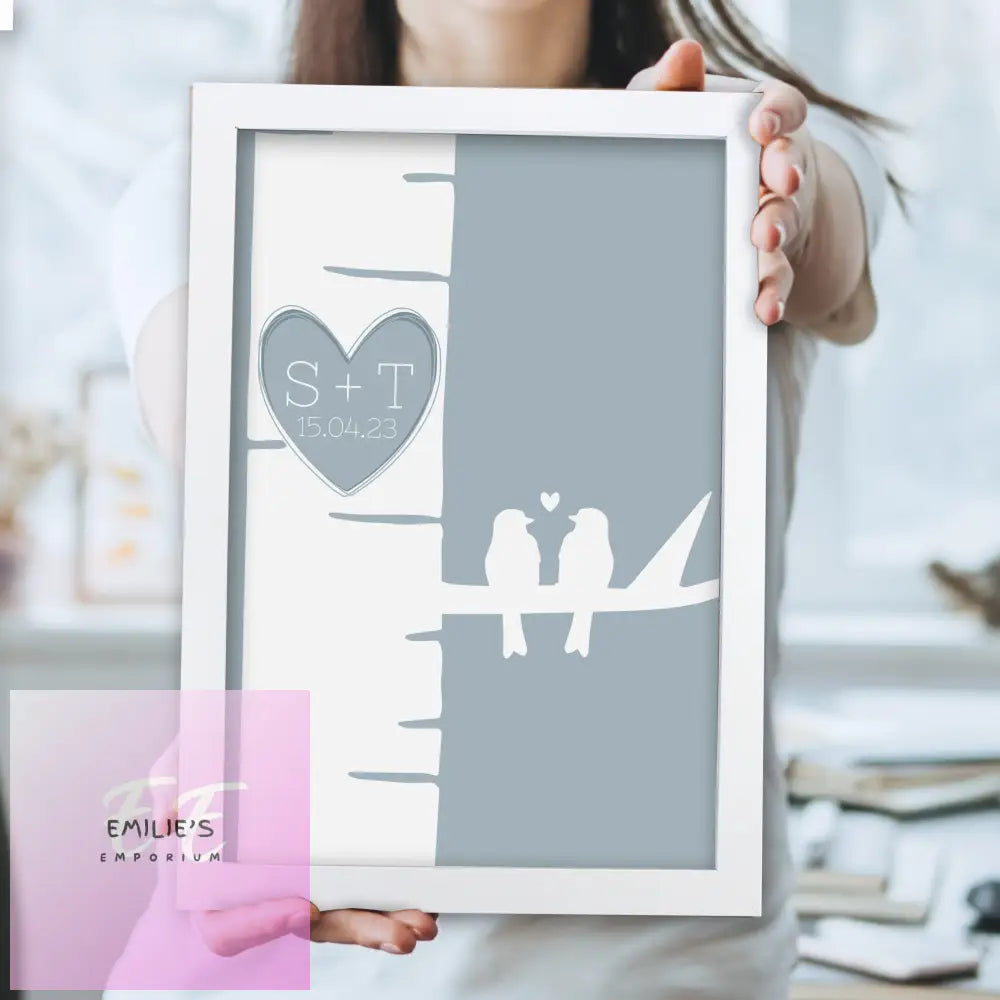 Personalised Grey Love Birds White A4 Framed Print