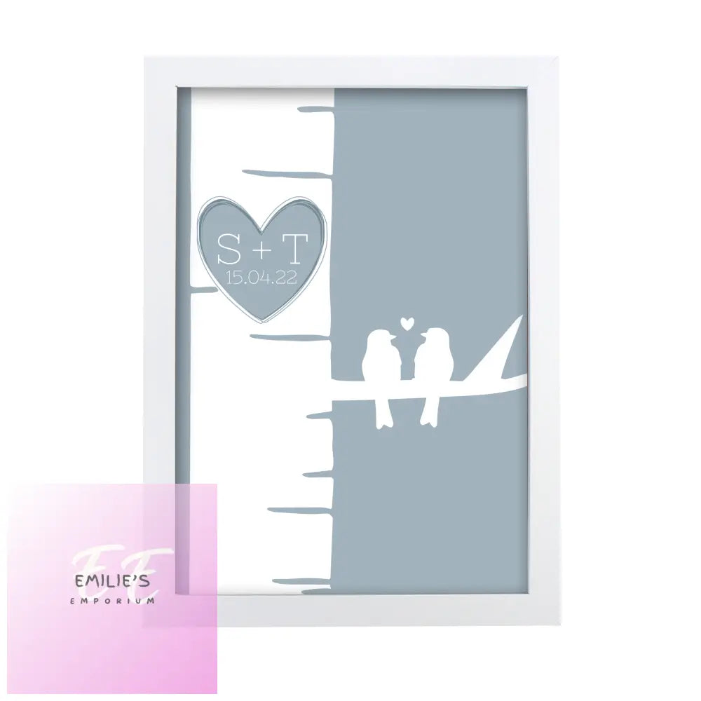 Personalised Grey Love Birds White A4 Framed Print