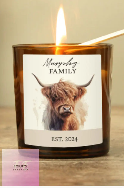 Personalised Highland Cow Amber Glass Candle