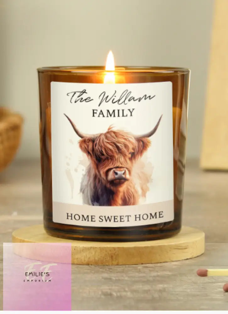 Personalised Highland Cow Amber Glass Candle