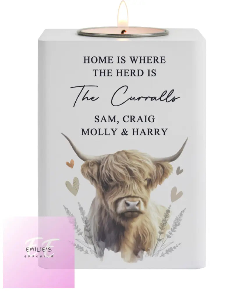 Personalised Highland Cow Wooden Tealight Holder