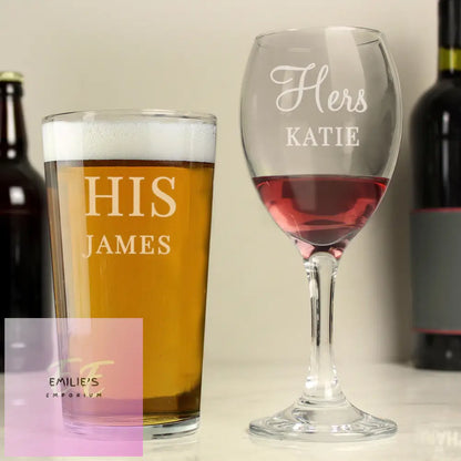 Personalised His & Her Pint And Wine Glass Set