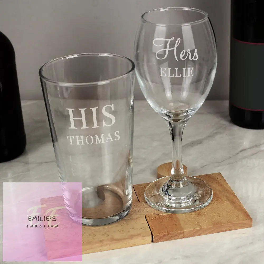 Personalised His & Her Pint And Wine Glass Set