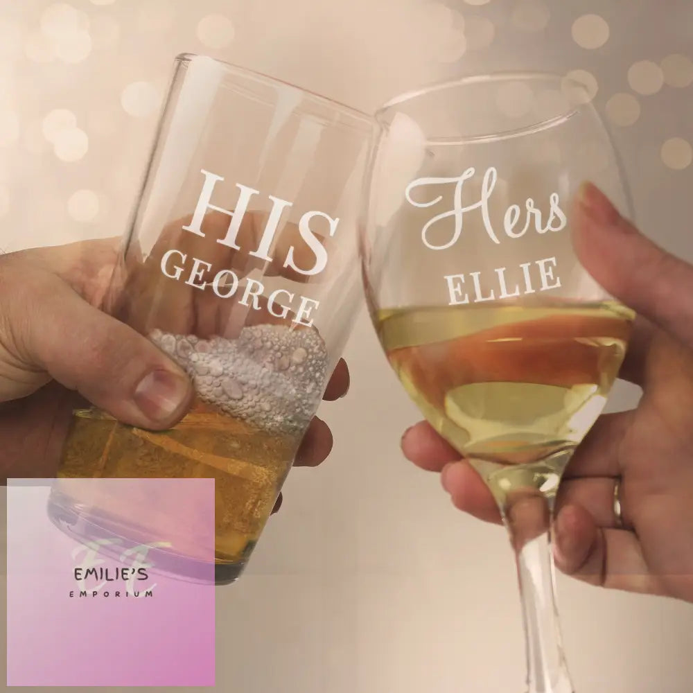 Personalised His & Her Pint And Wine Glass Set