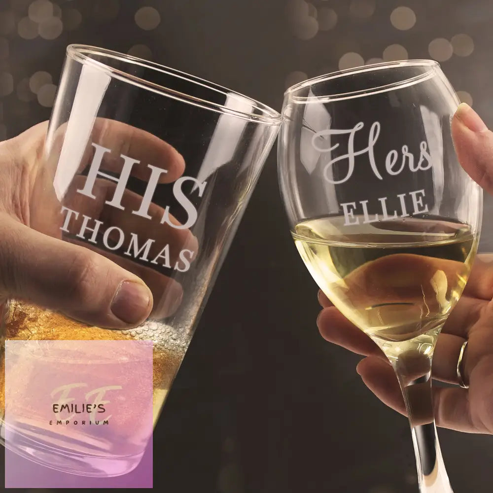 Personalised His & Her Pint And Wine Glass Set