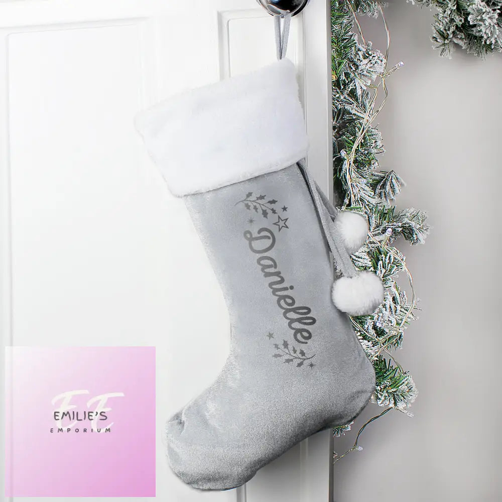 Personalised Holly Grey Christmas Stocking