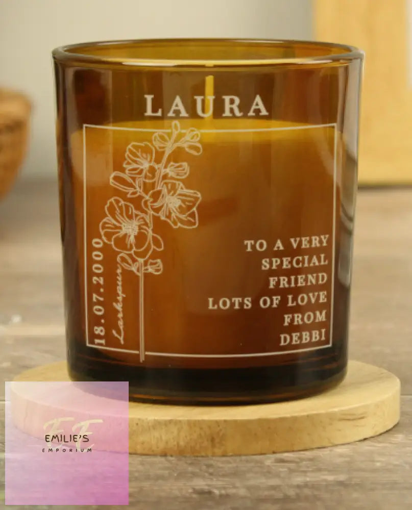 Personalised July Birth Flower Amber Glass Candle