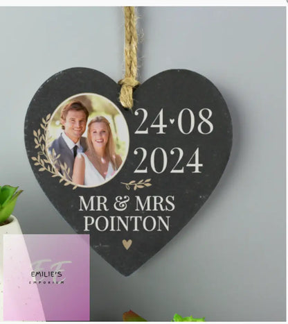 Personalised Large Date Photo Upload Slate Heart Decoration