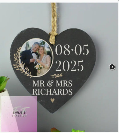 Personalised Large Date Photo Upload Slate Heart Decoration