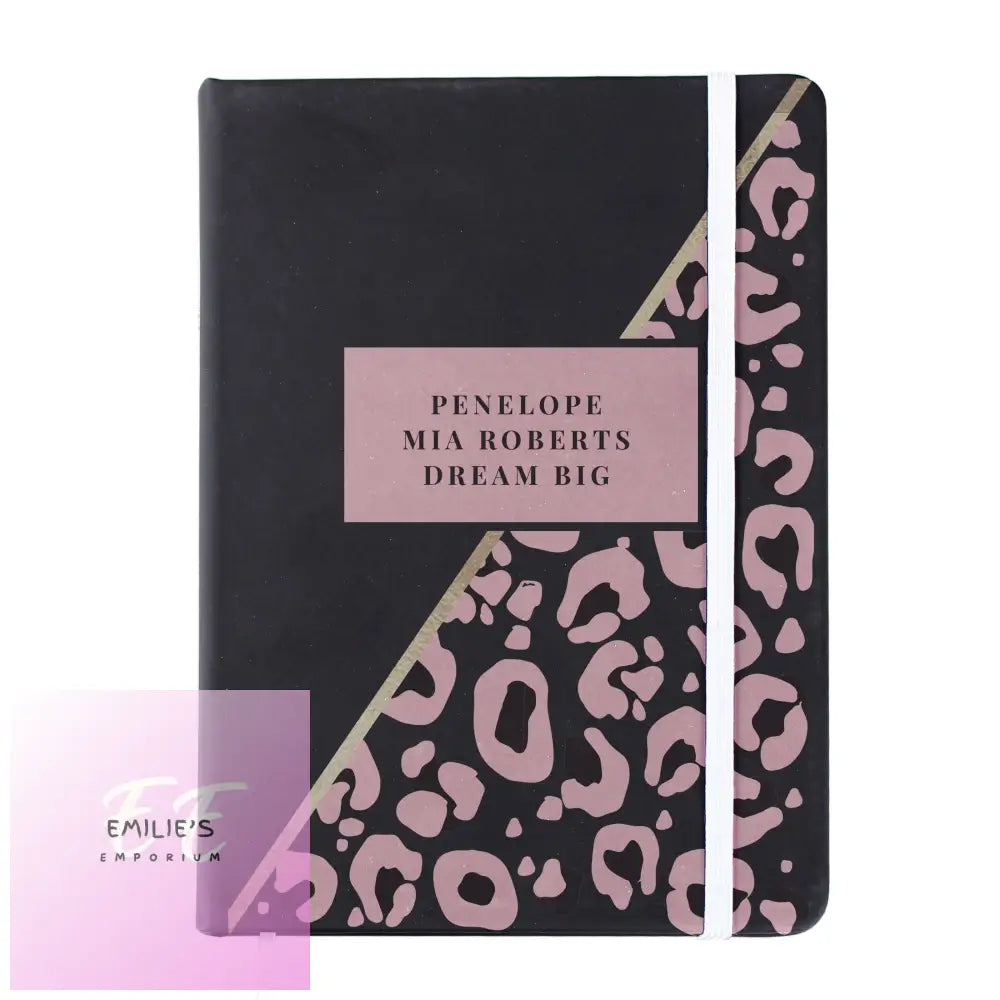 Personalised Leopard Print Black Hardback Notebook