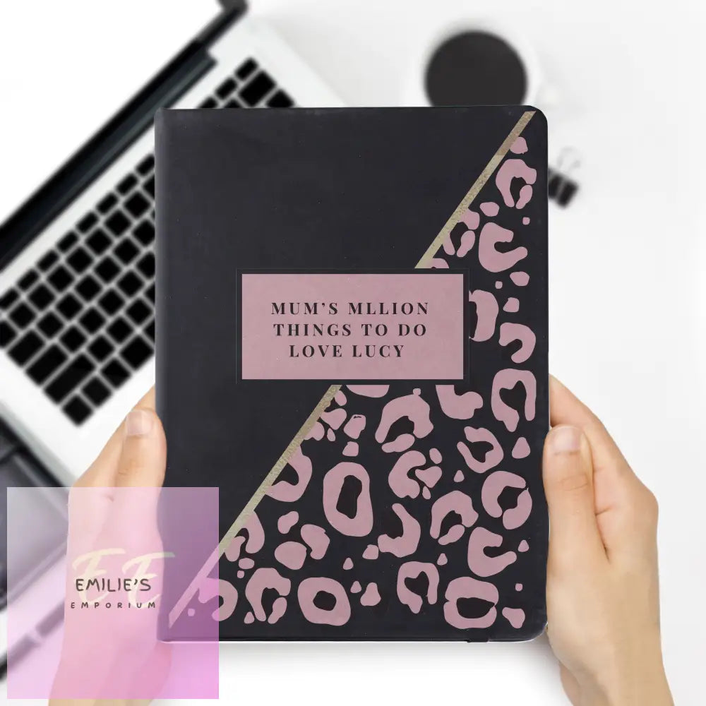 Personalised Leopard Print Black Hardback Notebook