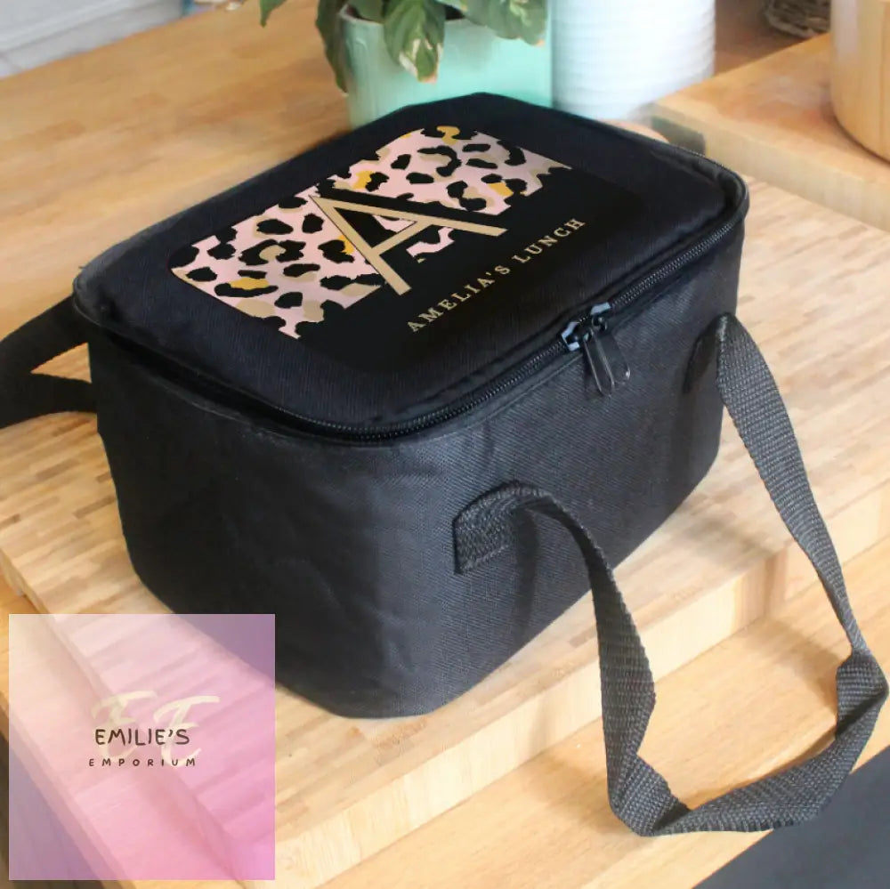 Personalised Leopard Print Black Lunch Bag