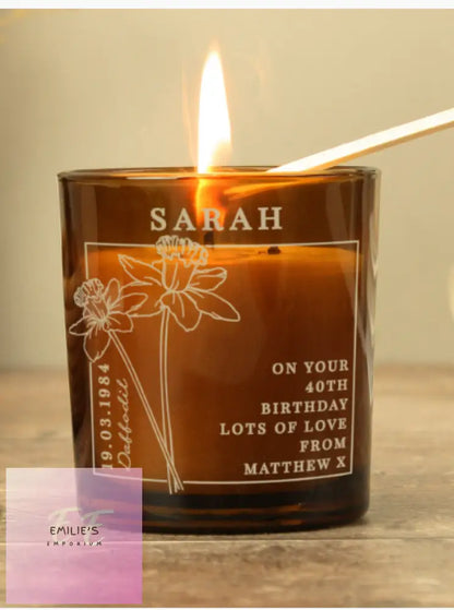 Personalised March Birth Flower Amber Glass Candle