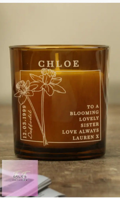 Personalised March Birth Flower Amber Glass Candle